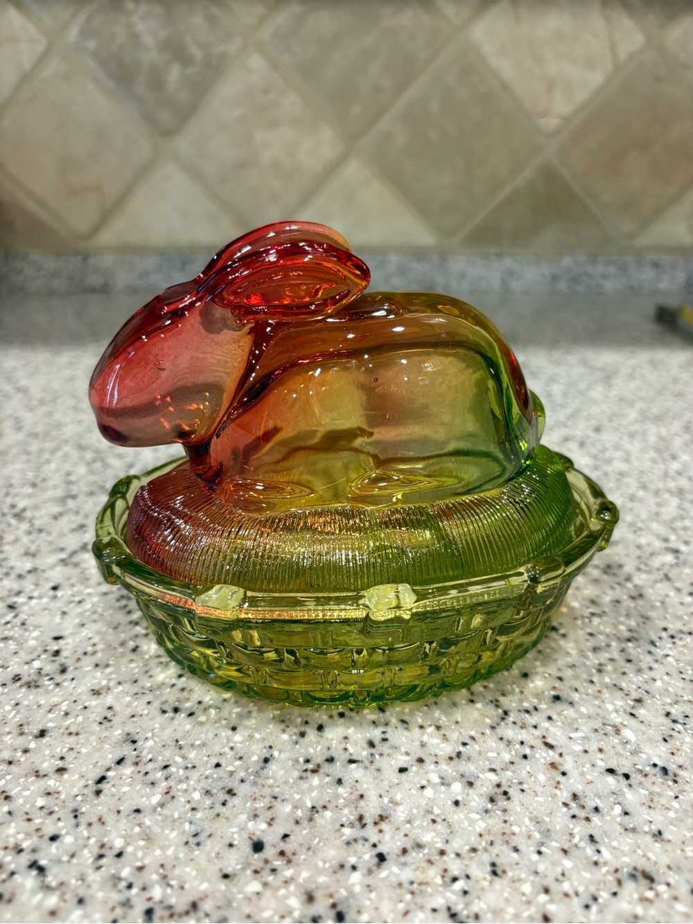Glass Bunny Trinket Dish in Red and Green